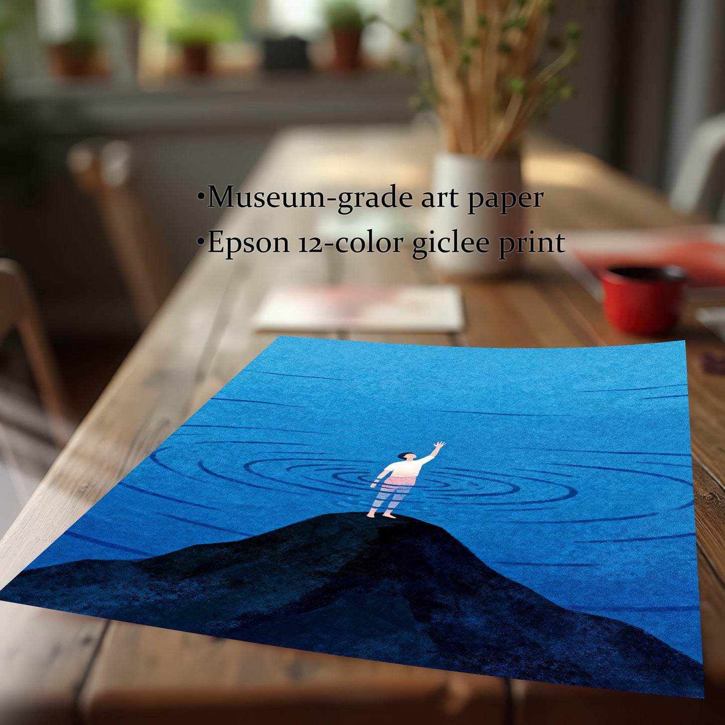 A close-up view of a high-quality, unframed giclee art print on a wooden table. Text overlays highlight "Museum-grade art paper" and "Epson 12-color giclee print," showcasing the vibrant blue ink and paper texture.