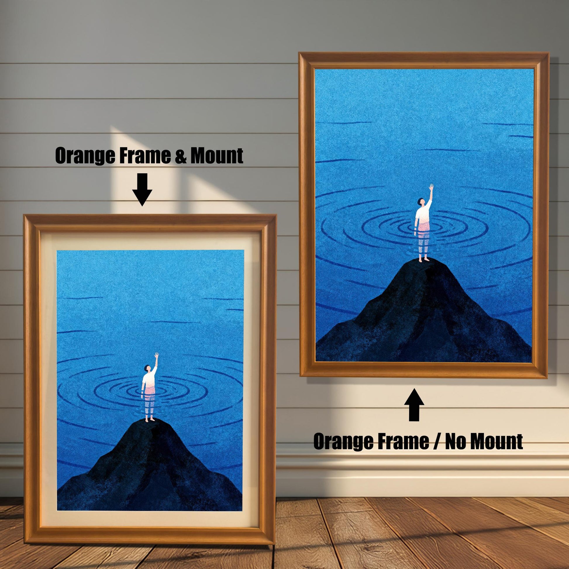 Side-by-side comparison of two orange-toned wood frames. One features the blue water artwork with a protective cream-colored mat (mount), while the other displays the art edge-to-edge without a mount.