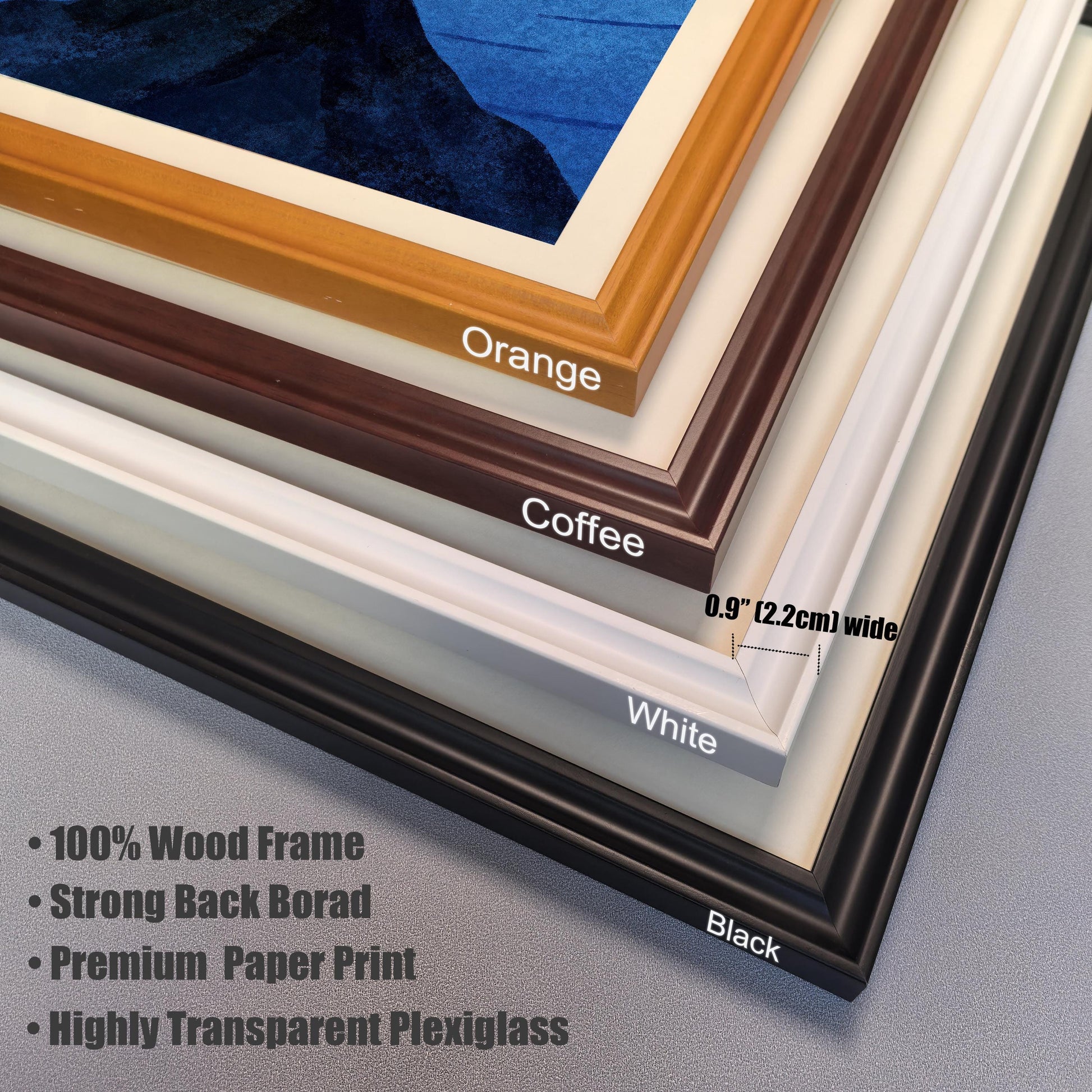 A stack of corner samples for the wood frames, showing the available colors: Orange, Coffee, White, and Black. A diagram indicates the frame width is 0.9 inches (2.2 cm). Product features like "100% Wood Frame" and "Highly Transparent Plexiglass" are listed.
