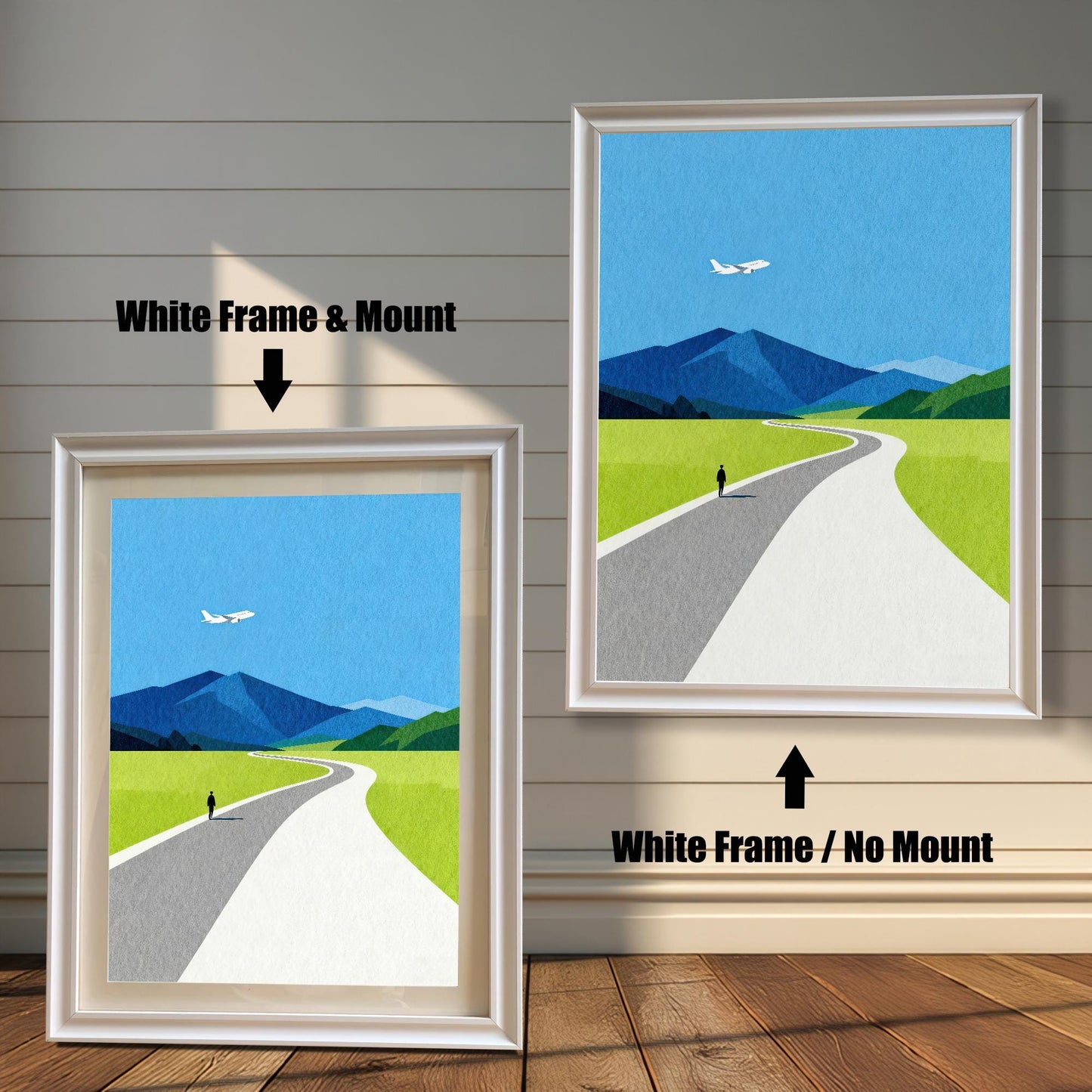 Modern minimalist landscape wall art featuring a winding road and mountains, displayed in white wooden frames with and without a white border mat mount.