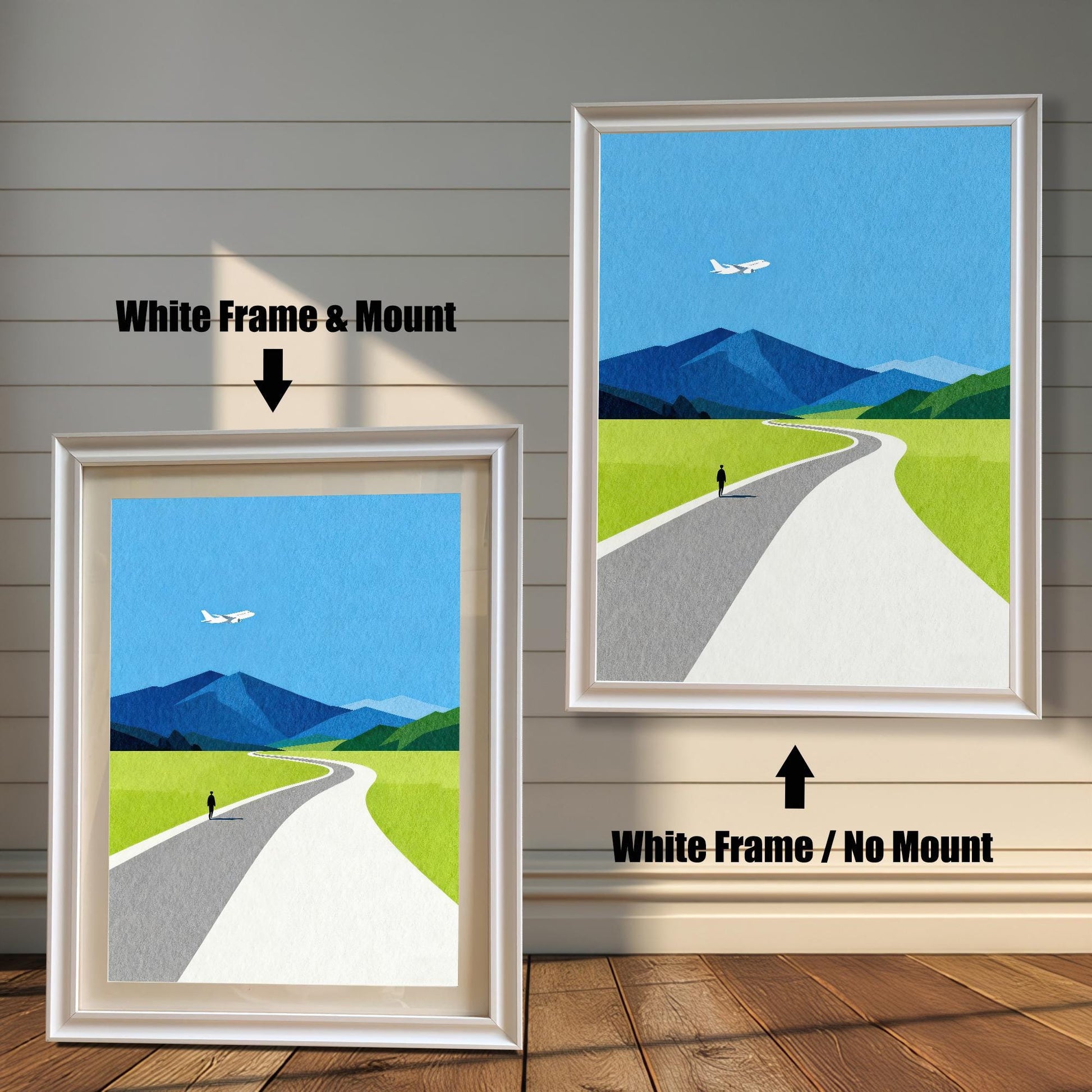 Modern minimalist landscape wall art featuring a winding road and mountains, displayed in white wooden frames with and without a white border mat mount.