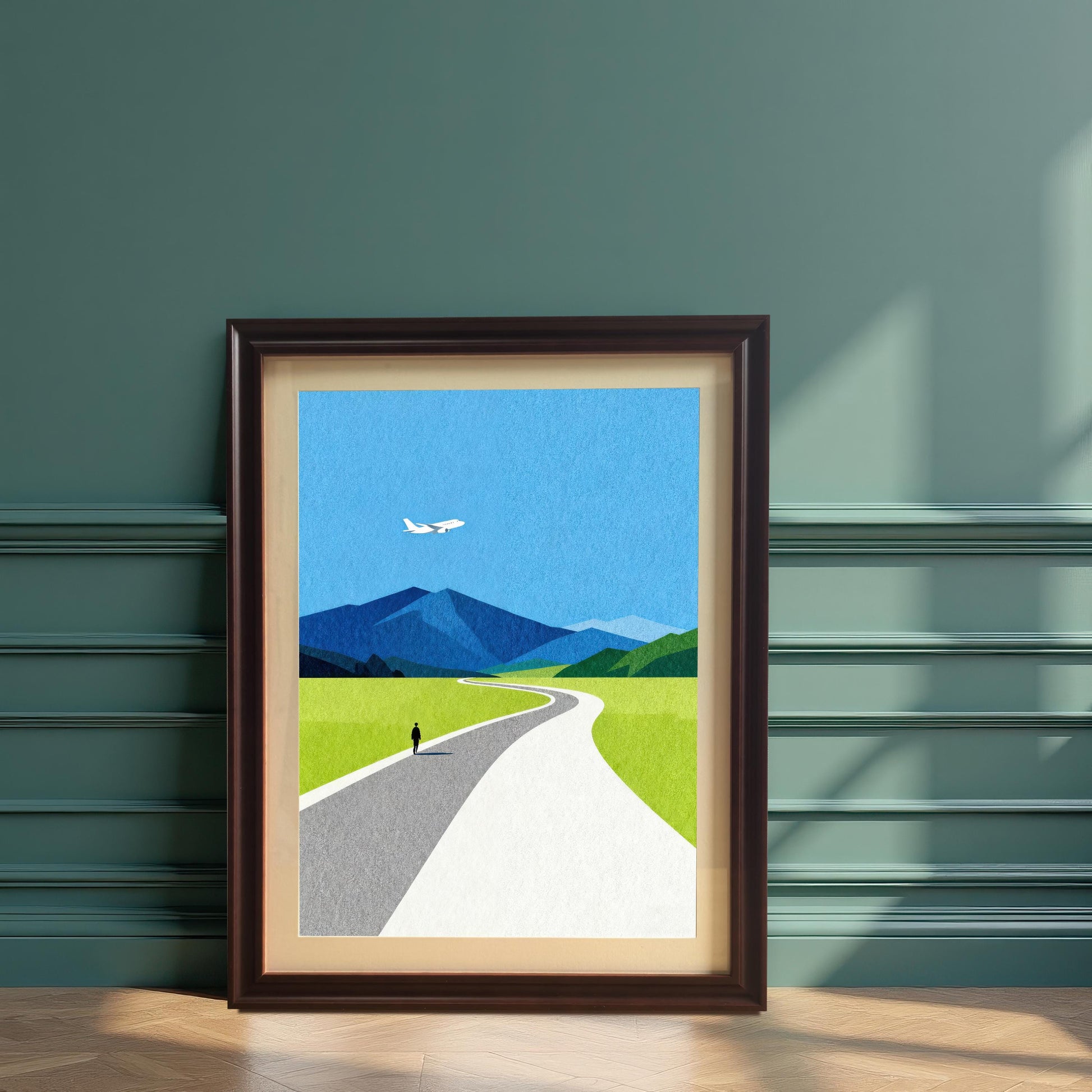 A coffee-colored wood framed art print with a mat mount, leaning against a deep sage green textured wall on a parquet floor, highlighting a sophisticated interior design setting.