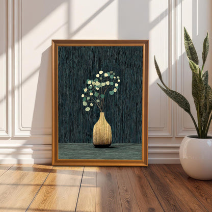 The golden vase and eucalyptus art print in a gold/orange wooden frame, standing on a hardwood floor, leaning against a white wainscot wall next to a tall potted snake plant.