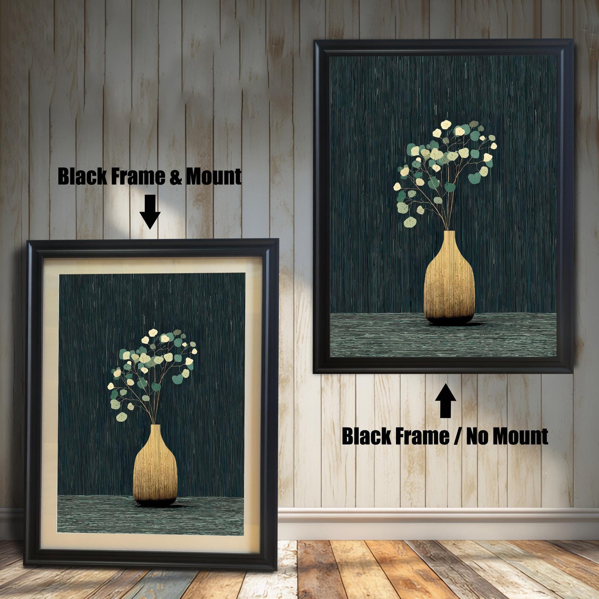A side-by-side comparison of the golden vase and eucalyptus art print framed in a Black Frame. The image on the left shows the print with a mount (matting), and the image on the right shows it without a mount.