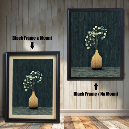 A side-by-side comparison of the golden vase and eucalyptus art print framed in a Black Frame. The image on the left shows the print with a mount (matting), and the image on the right shows it without a mount.