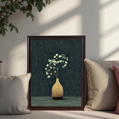 The golden vase and eucalyptus art print in a Coffee Frame with a mount, propped up on a couch surrounded by light-colored pillows, with a potted plant visible above.
