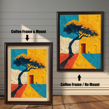 Comparison image showing two framed art prints against a white wainscoting wall. The left print uses a Coffee Frame & Mount (matting). The right print uses a Coffee Frame / No Mount. The art features a tree and abstract blocks of color.