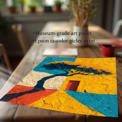 Close-up image of the unframed print lying on a wooden table, emphasizing the texture and color. Text on the image reads: • Museum-grade art paper and • Epson 12-color giclee print.