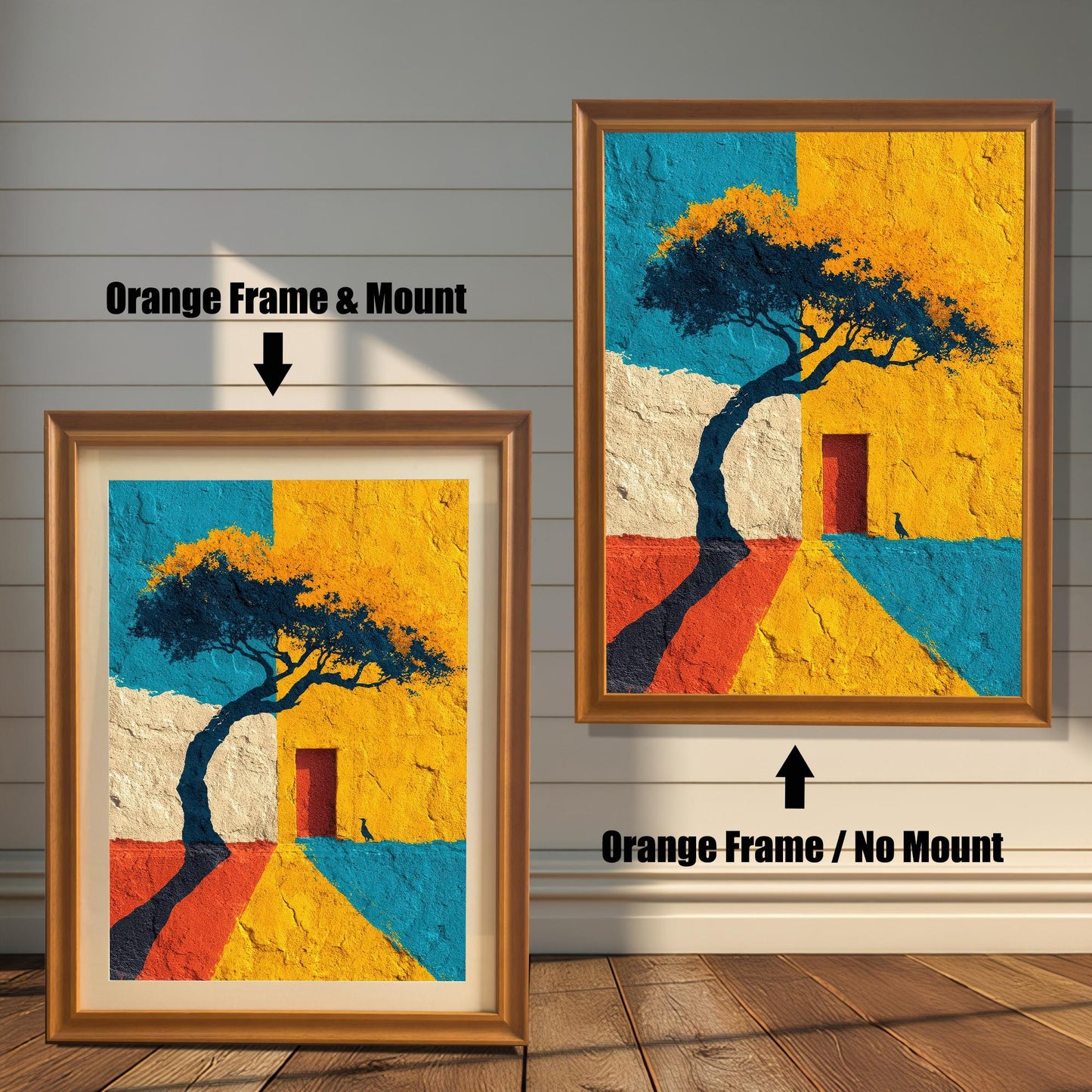Comparison image showing two framed art prints against a white wainscoting wall. The left print uses an Orange Frame & Mount (matting). The right print uses an Orange Frame / No Mount. The art features a tree and abstract blocks of color.