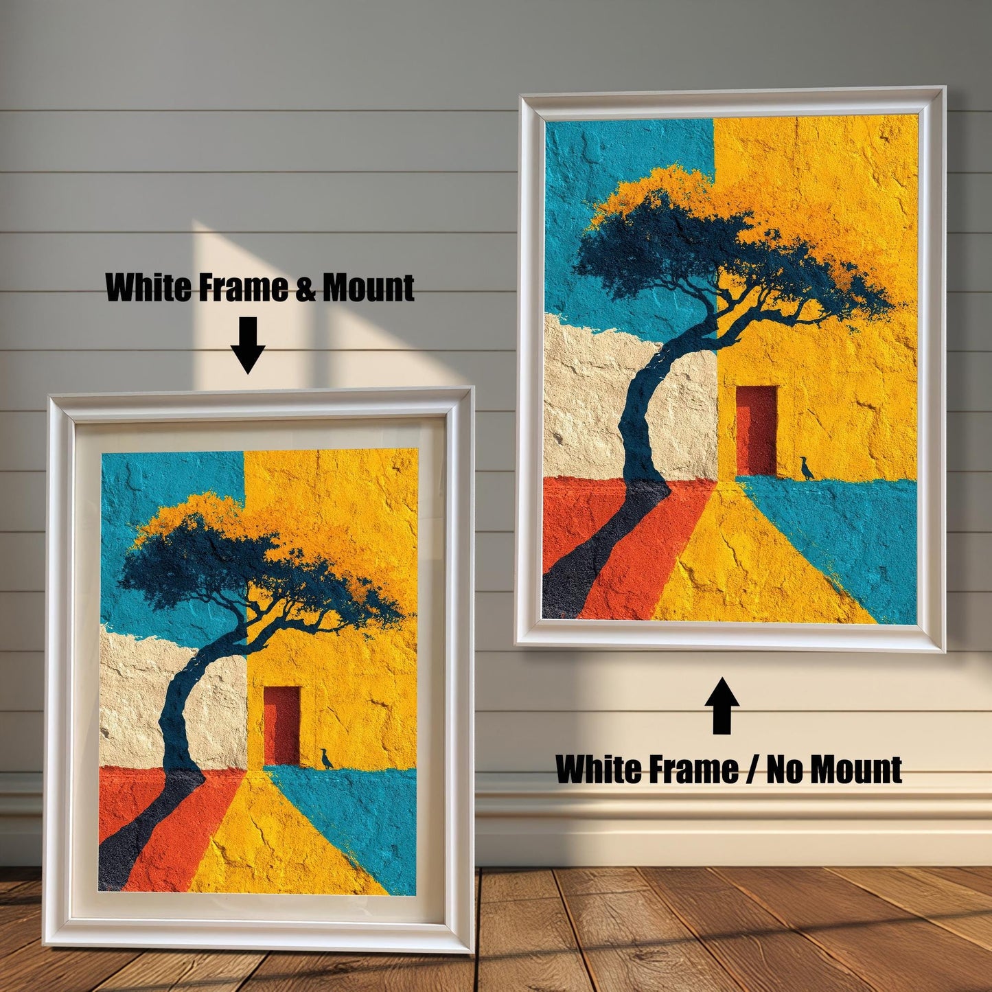 Comparison image showing two framed art prints against a white wainscoting wall. The left print uses a White Frame & Mount (matting). The right print uses a White Frame / No Mount. The art features a tree and abstract blocks of color.