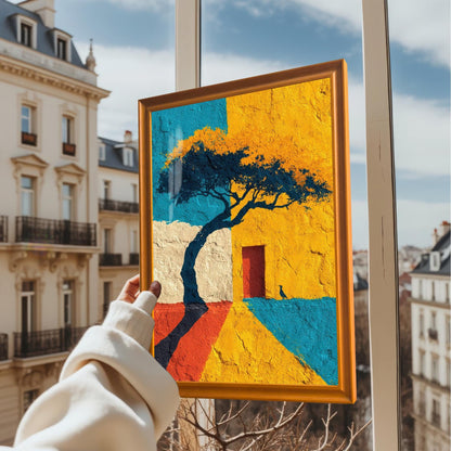 A hand holding up the framed art print (in an Orange/light wood frame) in front of an apartment window overlooking a cityscape/balcony on a sunny day.