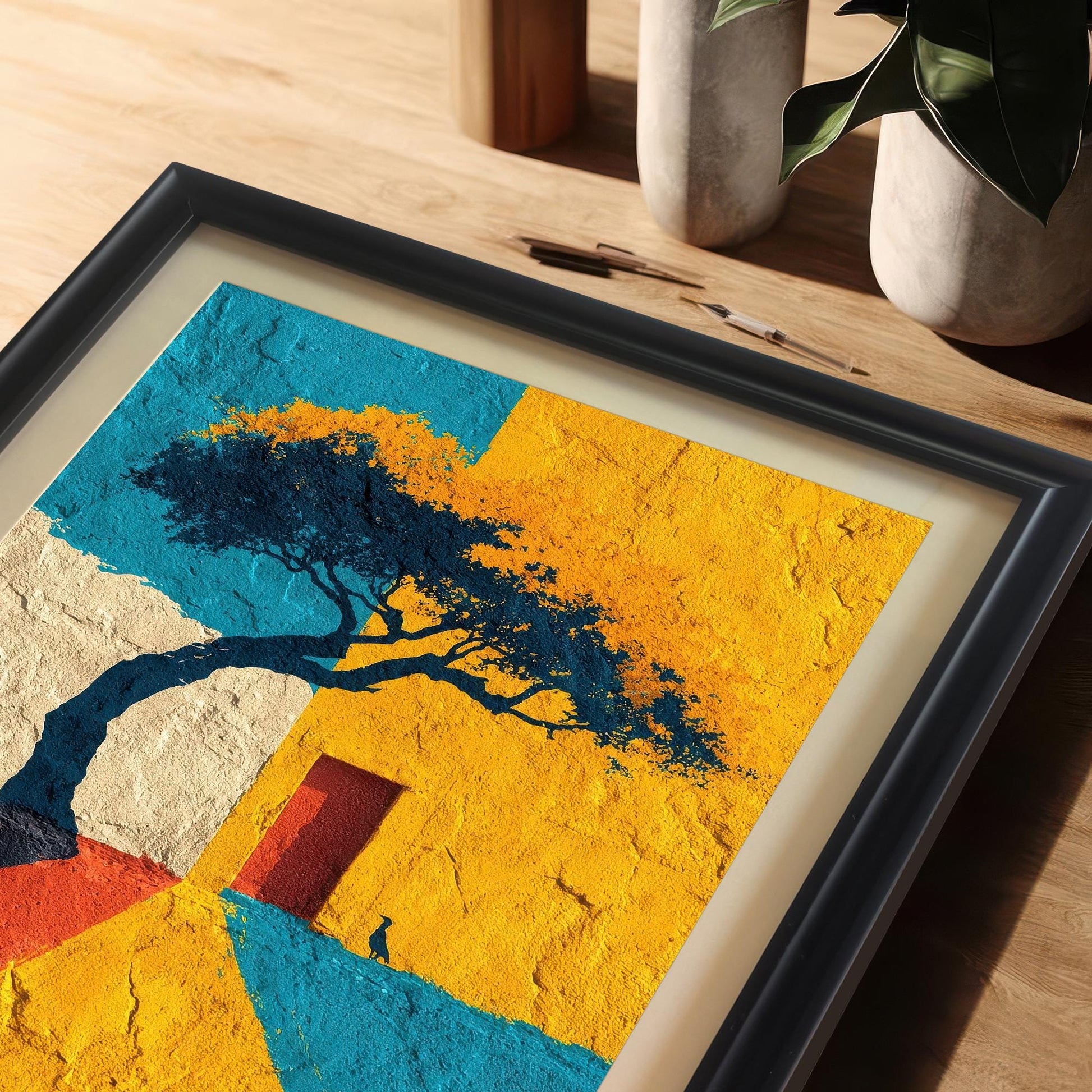 Extreme close-up shot of the framed art print (black frame with matting) lying on a wooden desk. The image highlights the colorful, textured appearance of the art, showing the dark tree silhouette, yellow and blue blocks, and the small red door.