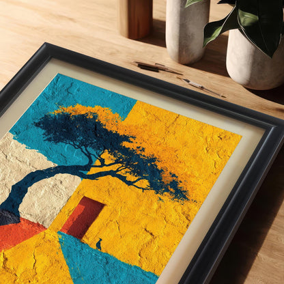 Extreme close-up shot of the framed art print (black frame with matting) lying on a wooden desk. The image highlights the colorful, textured appearance of the art, showing the dark tree silhouette, yellow and blue blocks, and the small red door.