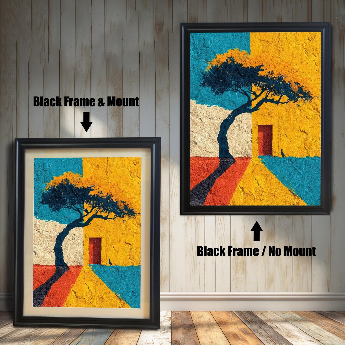 Comparison image showing two framed art prints against a white wainscoting wall with wood floor. The left print uses a Black Frame & Mount (matting). The right print uses a Black Frame / No Mount. The art features a stylized tree silhouette against bold blocks of yellow, blue, red, and cream texture.