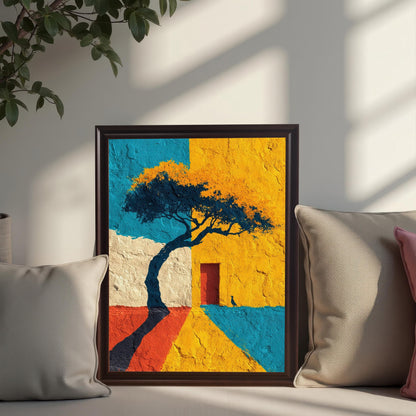 A framed art print in a dark/coffee frame, casually resting on a couch or window seat amongst light-colored pillows, with natural sunlight and shadows.