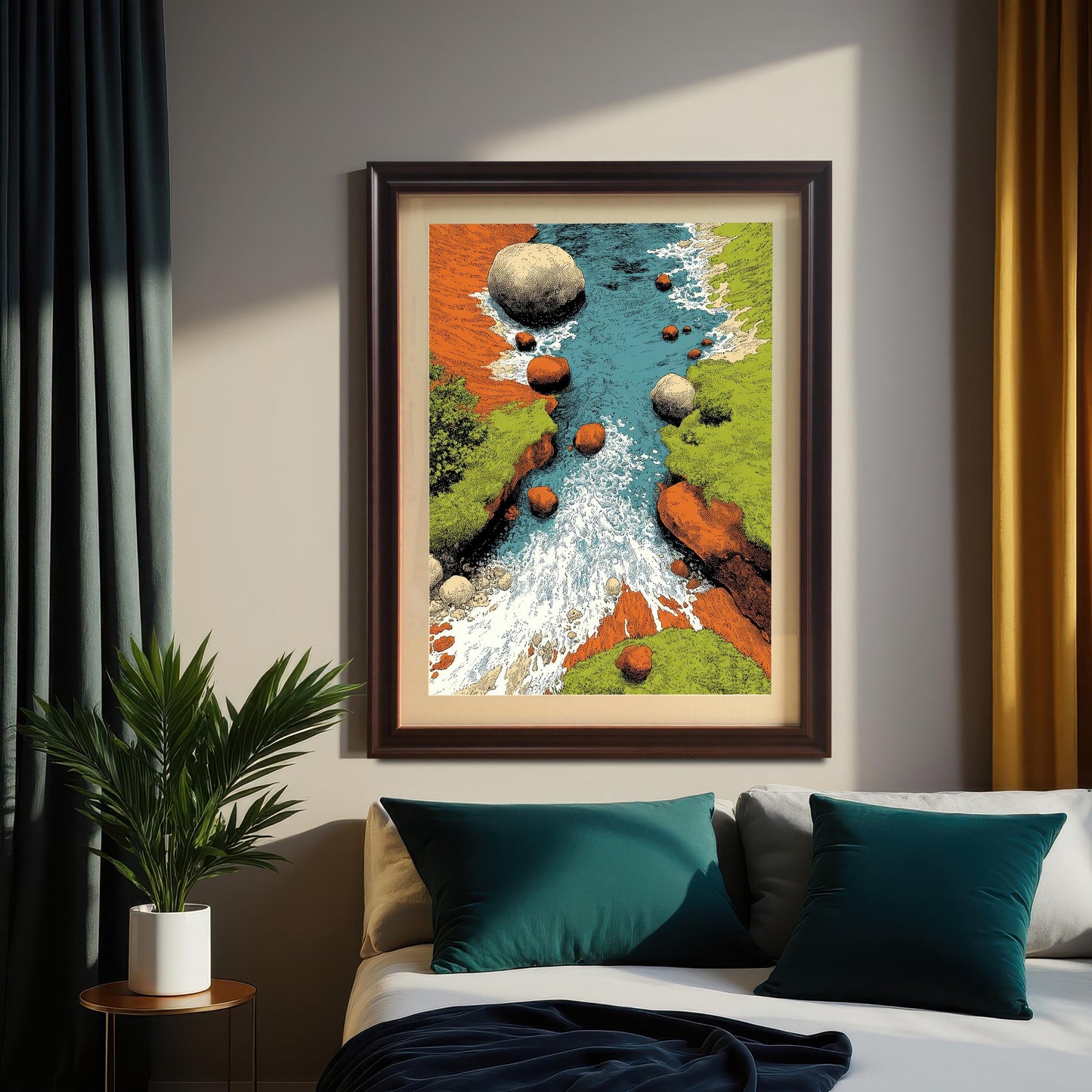 A framed art print of a stylized river or stream with rushing white water, large boulders, and banks of vibrant green and orange/brown. The print is framed in a dark wood (Coffee) frame with a mount, and hangs above a bed with teal pillows and dark/mustard curtains in a bedroom.