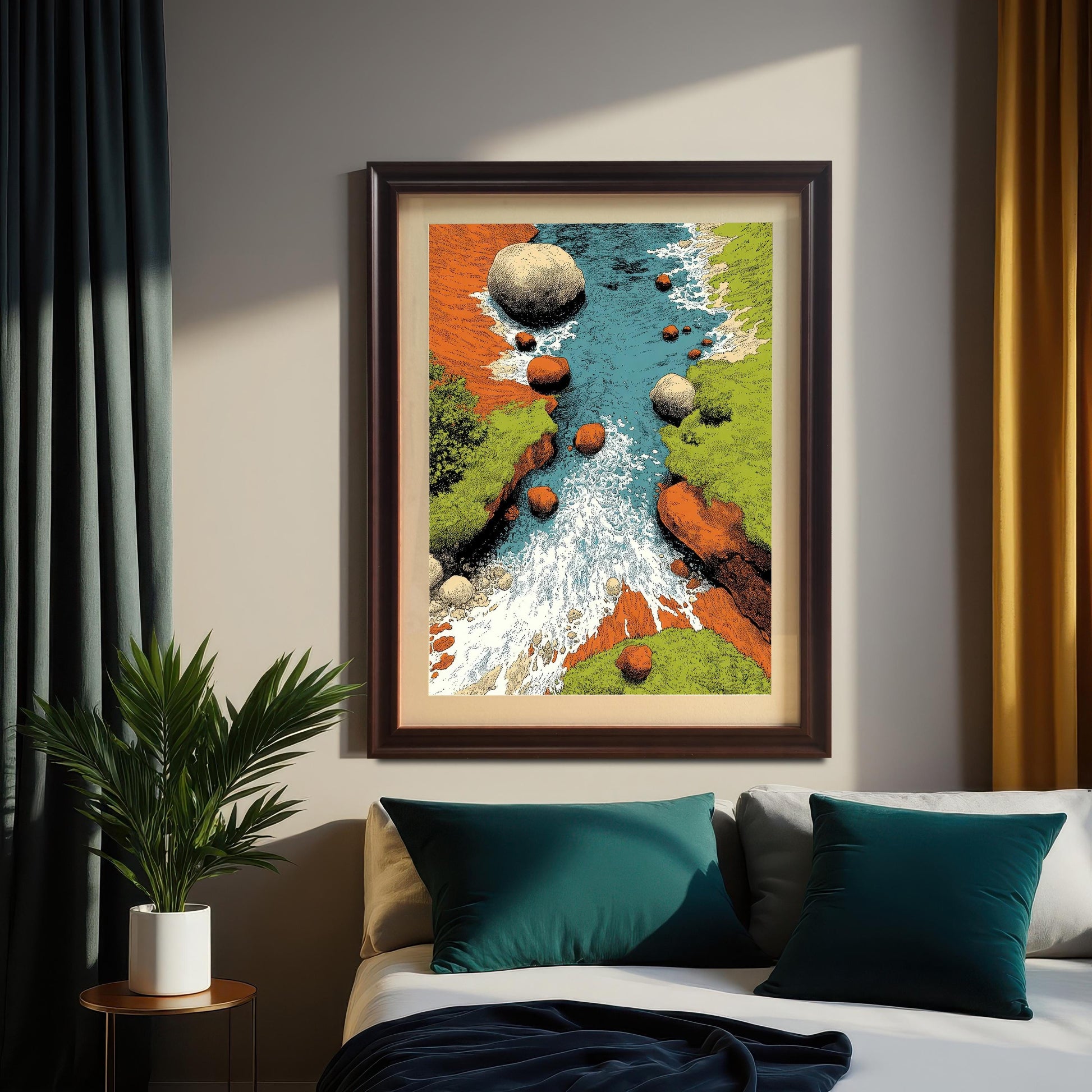A framed art print of a stylized river or stream with rushing white water, large boulders, and banks of vibrant green and orange/brown. The print is framed in a dark wood (Coffee) frame with a mount, and hangs above a bed with teal pillows and dark/mustard curtains in a bedroom.