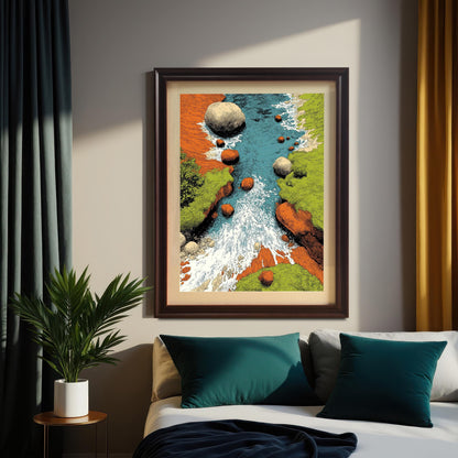 A framed art print of a stylized river or stream with rushing white water, large boulders, and banks of vibrant green and orange/brown. The print is framed in a dark wood (Coffee) frame with a mount, and hangs above a bed with teal pillows and dark/mustard curtains in a bedroom.