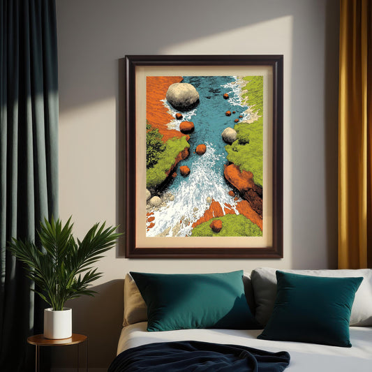 A framed art print of a stylized river or stream with rushing white water, large boulders, and banks of vibrant green and orange/brown. The print is framed in a dark wood (Coffee) frame with a mount, and hangs above a bed with teal pillows and dark/mustard curtains in a bedroom.
