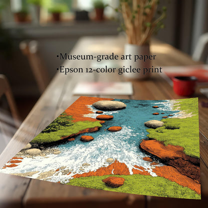 Close-up image of the unframed print lying on a wooden table, featuring a stylized river scene with green banks, orange rocks, and blue water with white rapids. Text on the image reads: • Museum-grade art paper and • Epson 12-color giclee print.