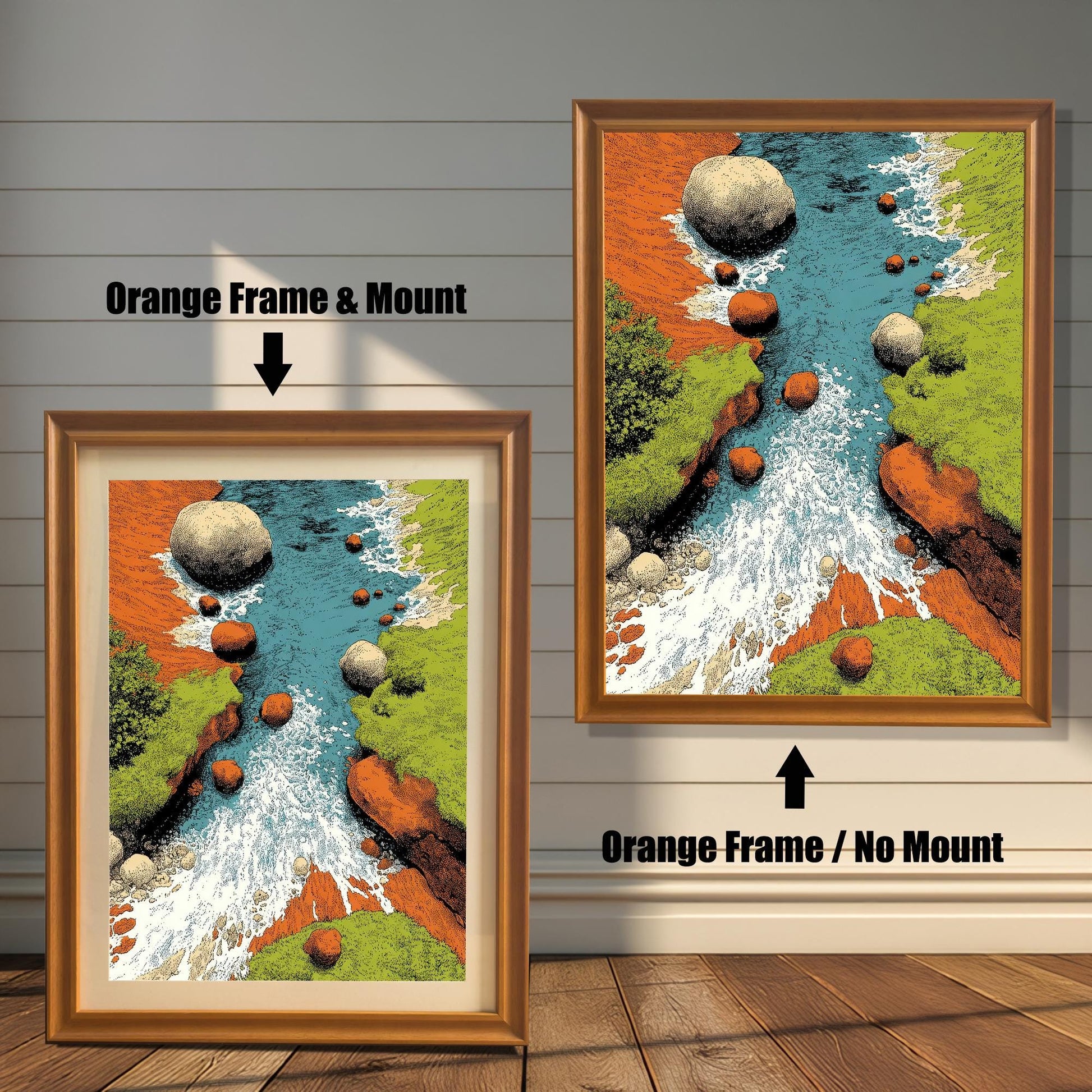 Comparison image showing two framed art prints against a white wainscoting wall. The left print uses an Orange Frame & Mount (matting). The right print uses an Orange Frame / No Mount. The art is a vibrant, textured illustration of a rocky river with rushing water.