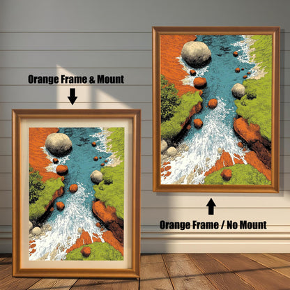 Comparison image showing two framed art prints against a white wainscoting wall. The left print uses an Orange Frame & Mount (matting). The right print uses an Orange Frame / No Mount. The art is a vibrant, textured illustration of a rocky river with rushing water.