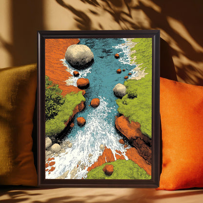 A framed art print in a dark wood (Coffee) frame, resting vertically among orange and olive-yellow pillows on a bench or sofa. Sunlight creates dappled shadows from an overhead plant. The artwork features a colorful, stylized river scene.