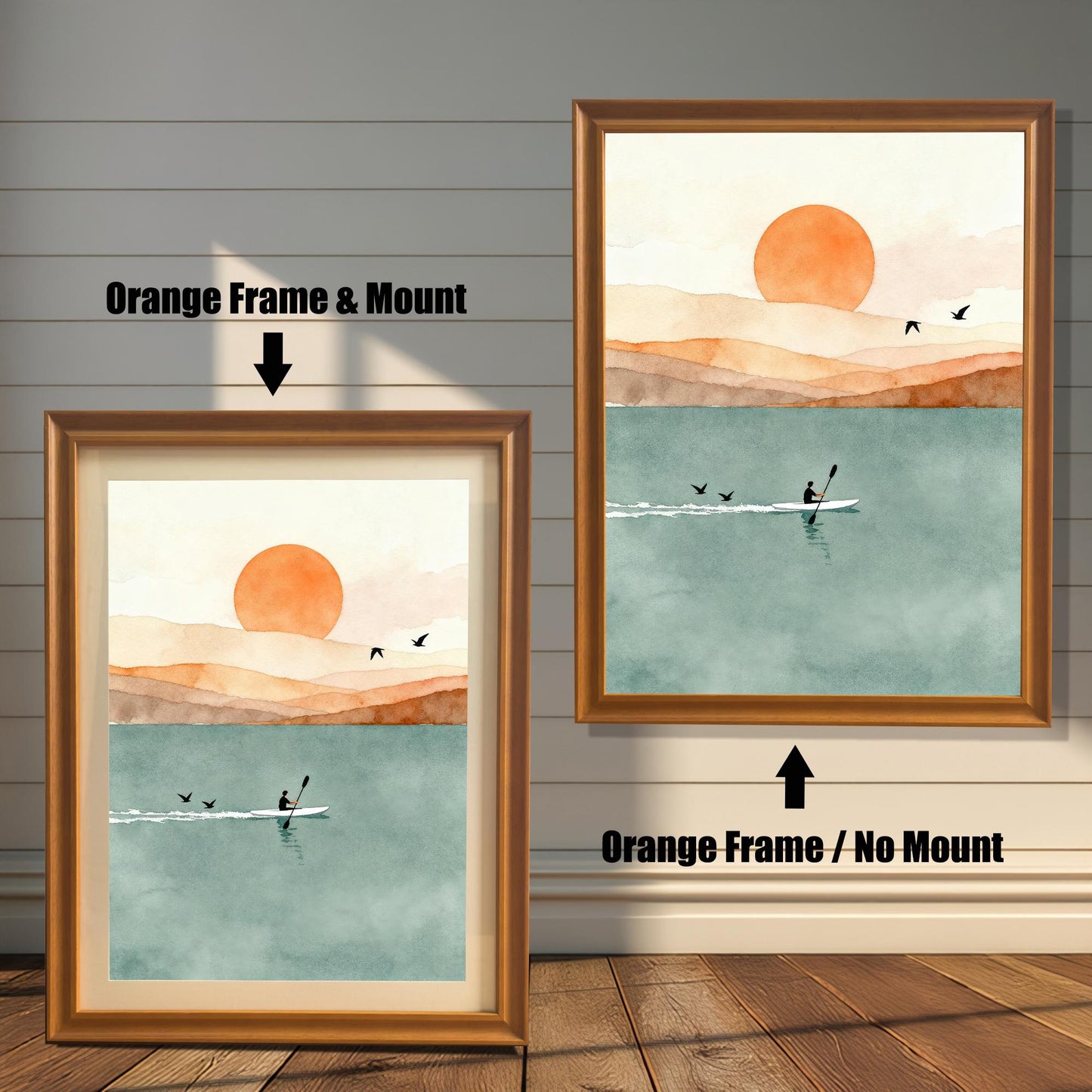 Comparison of orange wood frame options for lake sunset art: one with an off-white mat board (mount) and one without.