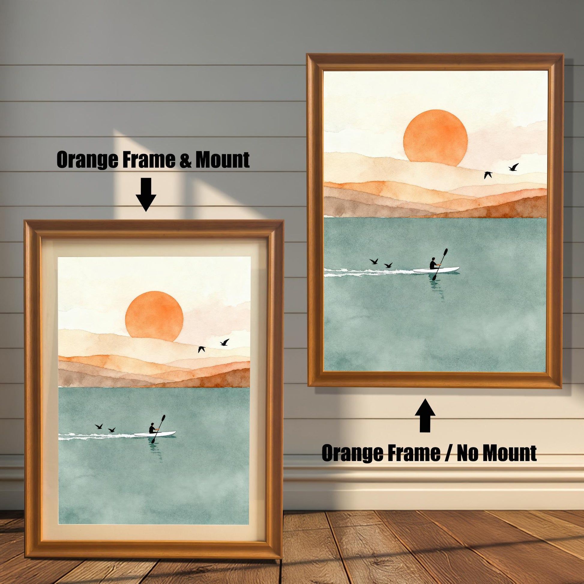 Comparison of orange wood frame options for lake sunset art: one with an off-white mat board (mount) and one without.