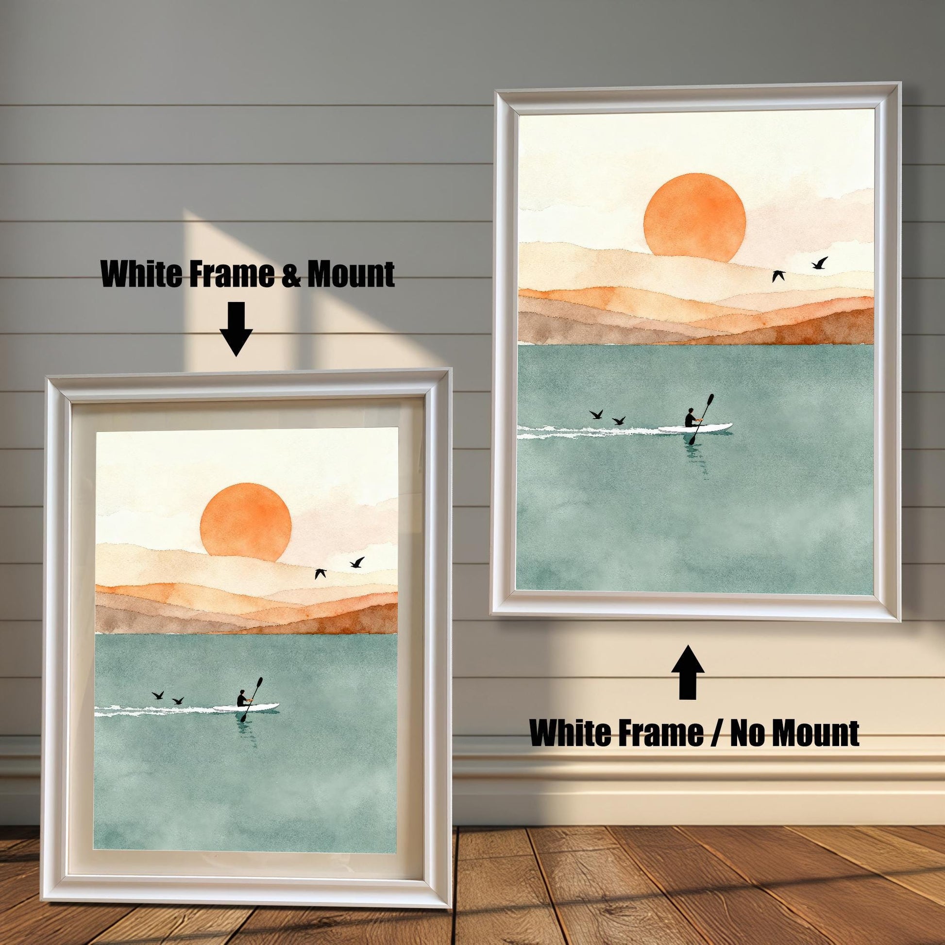 Side-by-side view of a white wood frame with and without a mat board featuring a peaceful watercolor rowing scene.