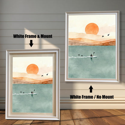 Side-by-side view of a white wood frame with and without a mat board featuring a peaceful watercolor rowing scene.