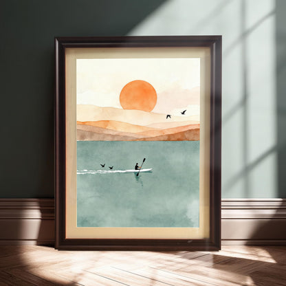 Dark coffee-colored wood frame with an off-white mount featuring sunset lake art, leaning against a teal-colored wall.