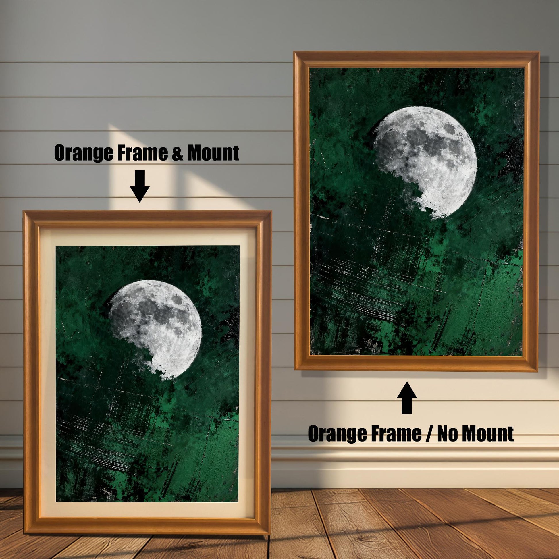 Comparison of two orange wood frames: one showing the emerald green moon print with a white mat board (mount) and one without a mount.
