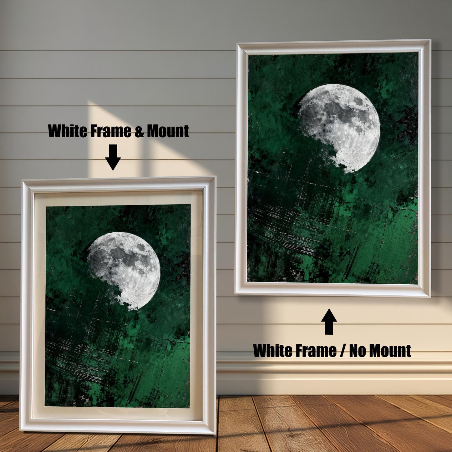 Side-by-side comparison of white wood frames: one featuring the moon art with a white mat board and one showing the full-bleed print with no mount.
