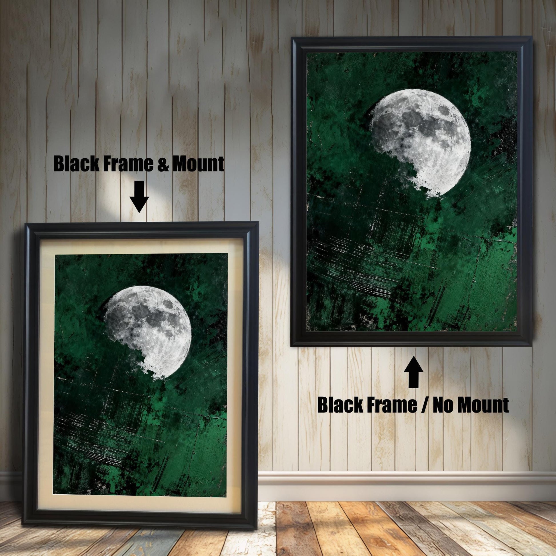 Comparison of two black wood frames: one with an off-white mount and one without, showcasing the dark green moon artwork on a rustic wood-paneled wall.