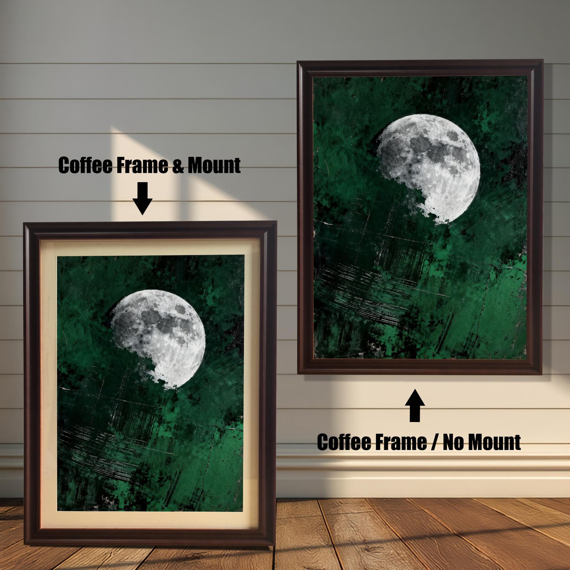 Comparison of two coffee-colored wood frames: one featuring the green moon art with an off-white mat board (mount) and the other shown as a full-bleed print with no mount.