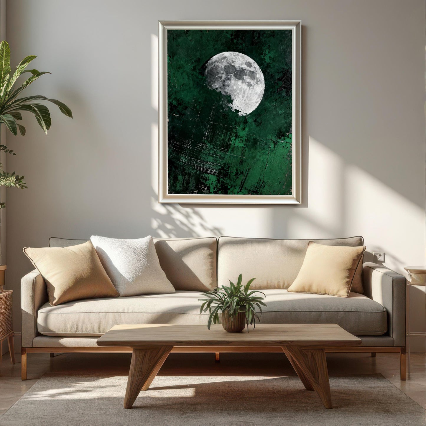 Large white-framed emerald green moon art print hung above a modern beige sofa in a bright living room, featuring a wooden coffee table and soft sunlight shadows.