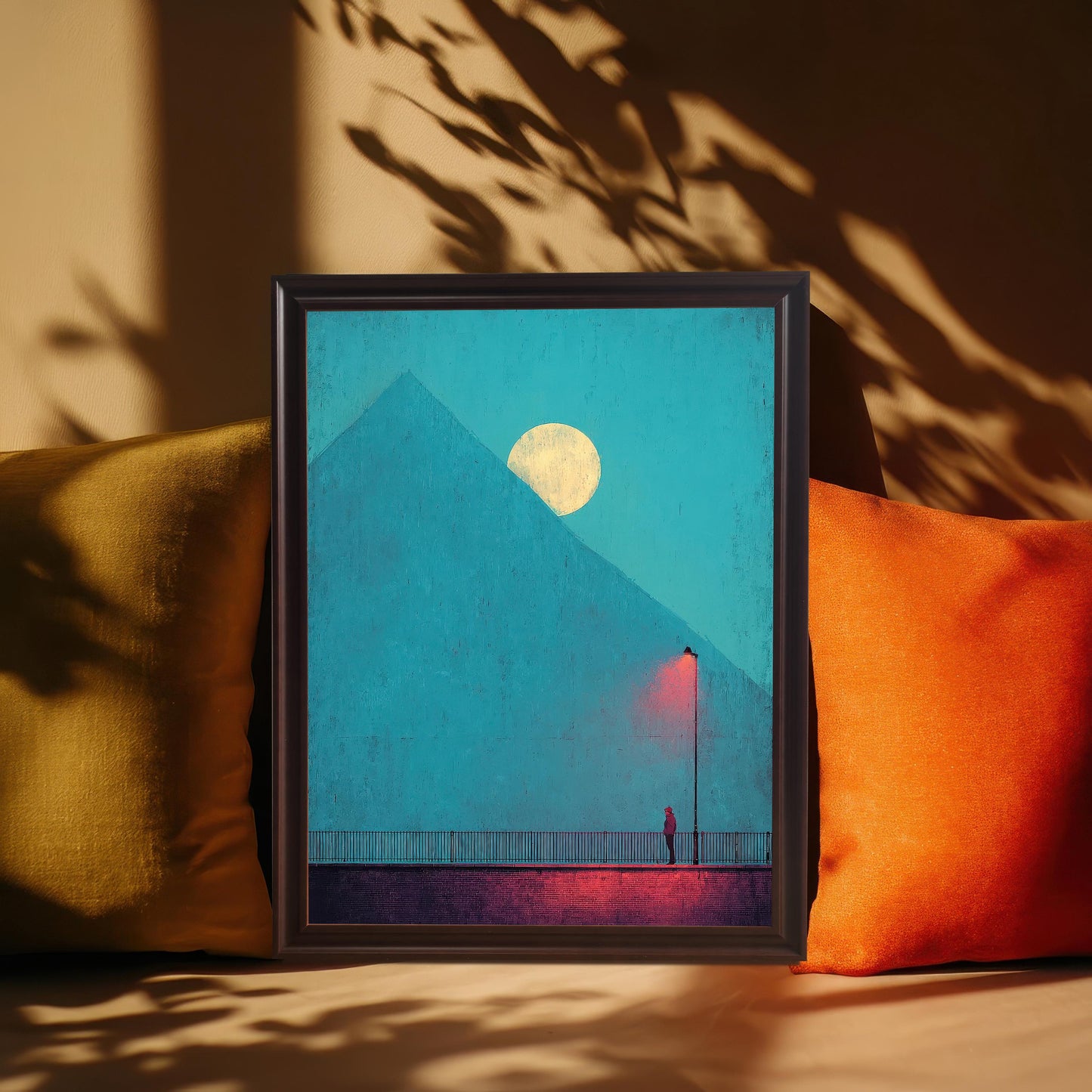 A framed art print in a dark wood (Coffee) frame, resting vertically among orange and olive-yellow pillows on a couch or bench. Sunlight filters through a plant, creating dappled shadows. The artwork features the moody blue pyramid/moon scene.
