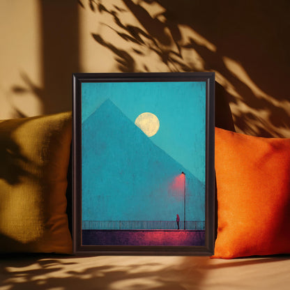 A framed art print in a dark wood (Coffee) frame, resting vertically among orange and olive-yellow pillows on a couch or bench. Sunlight filters through a plant, creating dappled shadows. The artwork features the moody blue pyramid/moon scene.