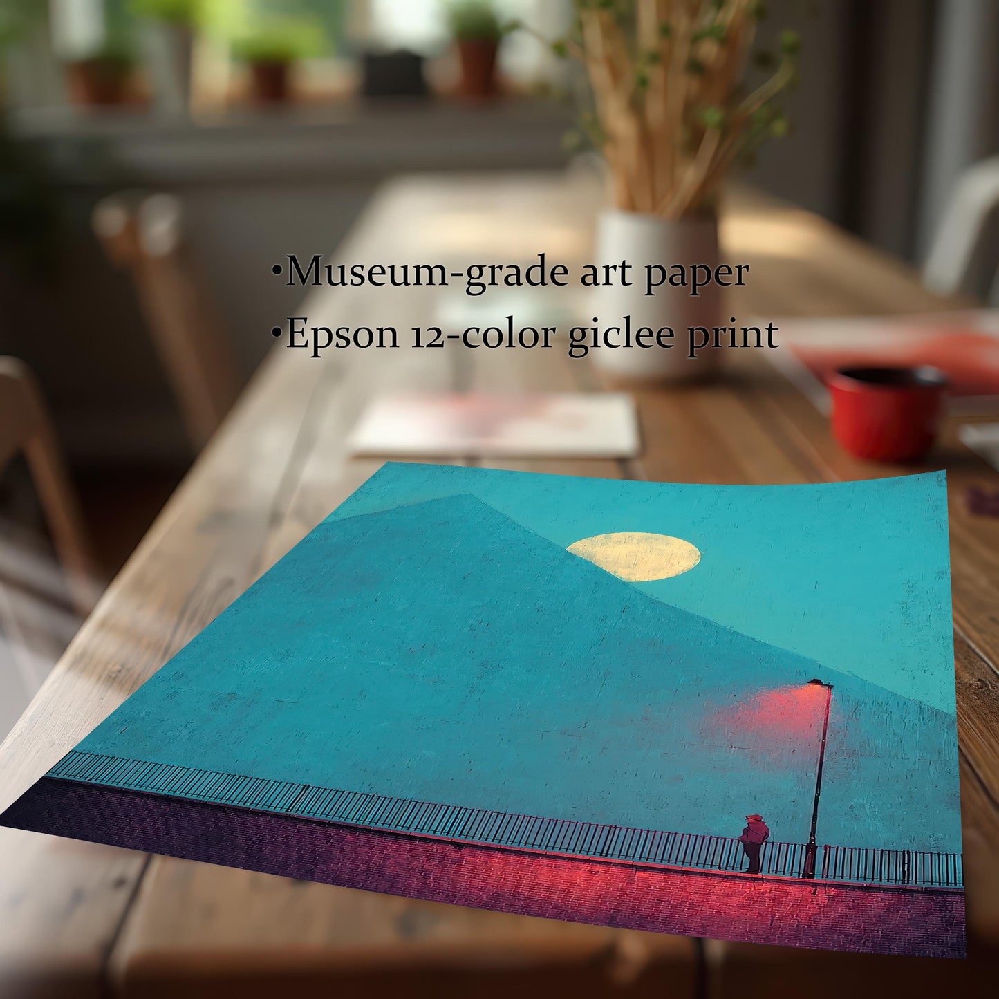 Close-up image of the unframed print lying on a wooden table, featuring the moody blue and red atmospheric art. Text on the image reads: • Museum-grade art paper and • Epson 12-color giclee print.