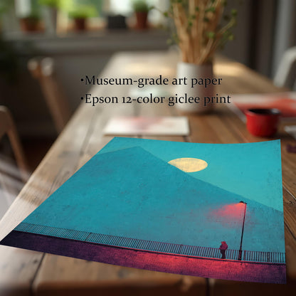 Close-up image of the unframed print lying on a wooden table, featuring the moody blue and red atmospheric art. Text on the image reads: • Museum-grade art paper and • Epson 12-color giclee print.