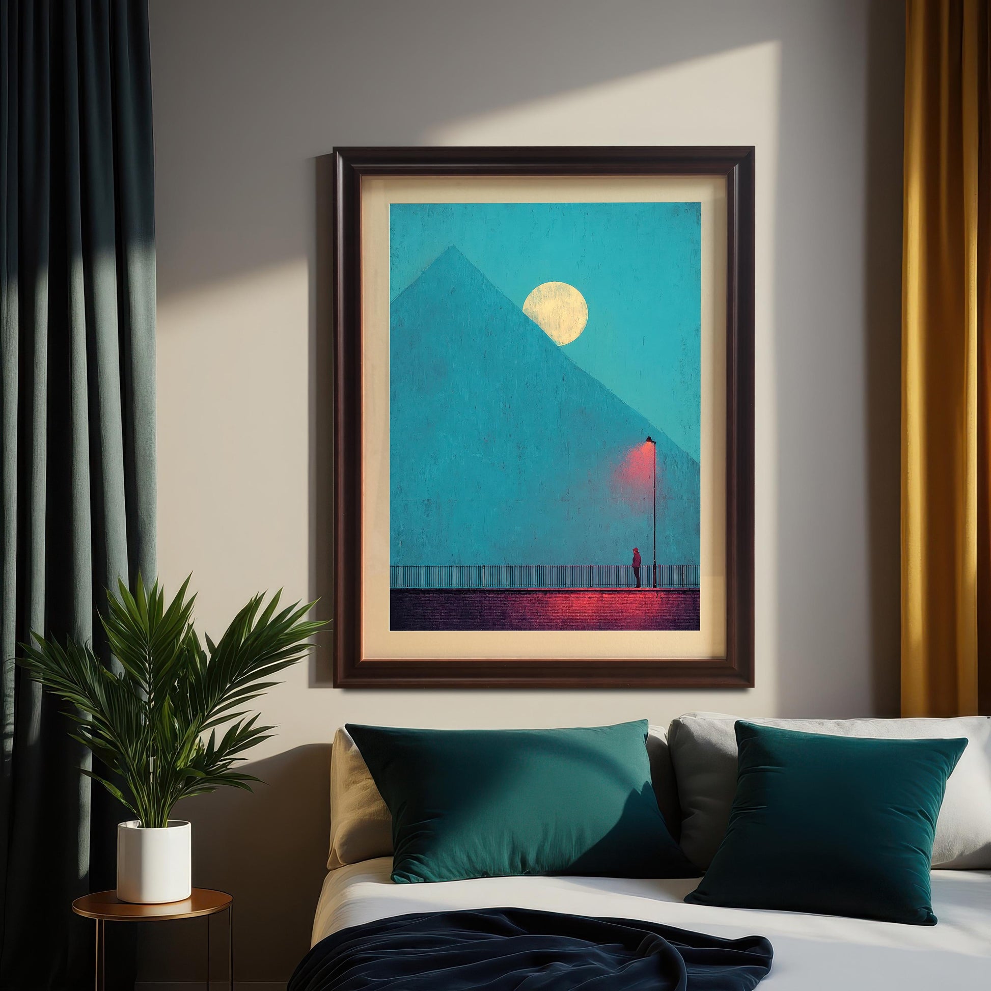 A framed art print of a moody, minimalistic scene. The art features a lone figure standing beneath a bright red streetlamp on a brick bridge or walkway, set against a vast blue sky, a large triangular mountain or pyramid, and a yellow full moon. The print is in a dark wood (Coffee) frame with a mount, hanging above a bed with teal pillows in a dimly lit room.