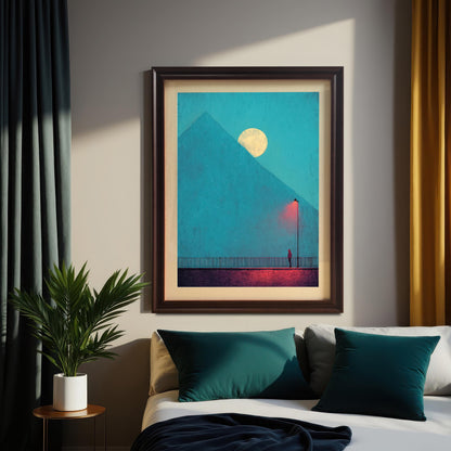 A framed art print of a moody, minimalistic scene. The art features a lone figure standing beneath a bright red streetlamp on a brick bridge or walkway, set against a vast blue sky, a large triangular mountain or pyramid, and a yellow full moon. The print is in a dark wood (Coffee) frame with a mount, hanging above a bed with teal pillows in a dimly lit room.