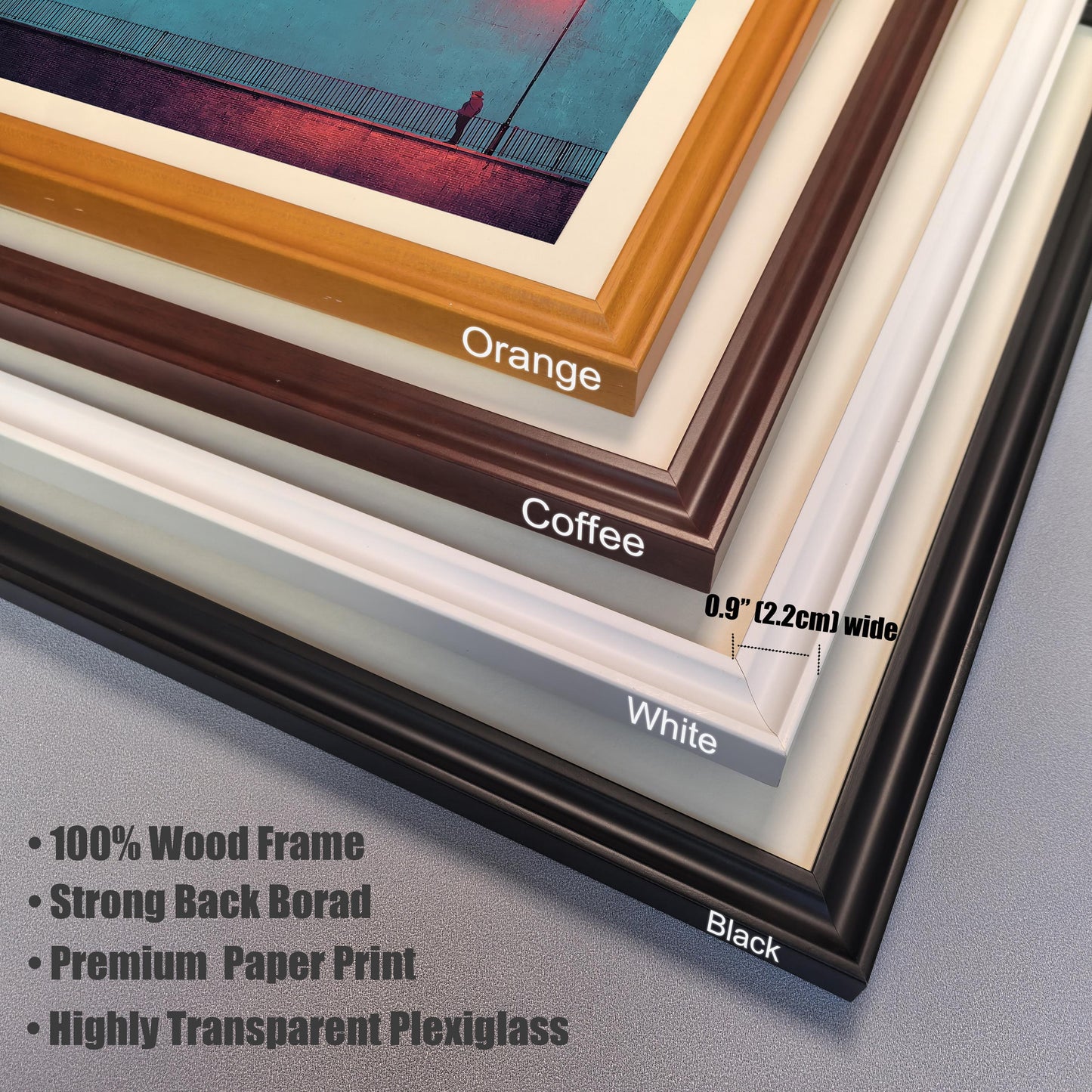 A stacked close-up view of four frame corners (Orange, Coffee, White, Black) showing the material and profile. The frames are labeled and shown to be 0.9"" [2.2cm] wide. Additional text highlights product features: • 100% Wood Frame, • Strong Back Borad (sic), • Premium Paper Print, and • Highly Transparent Plexiglass.