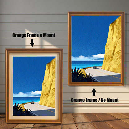 Comparison of two light orange wood-framed prints: one includes a cream mat board (mount) and the other displays the art without a mount.