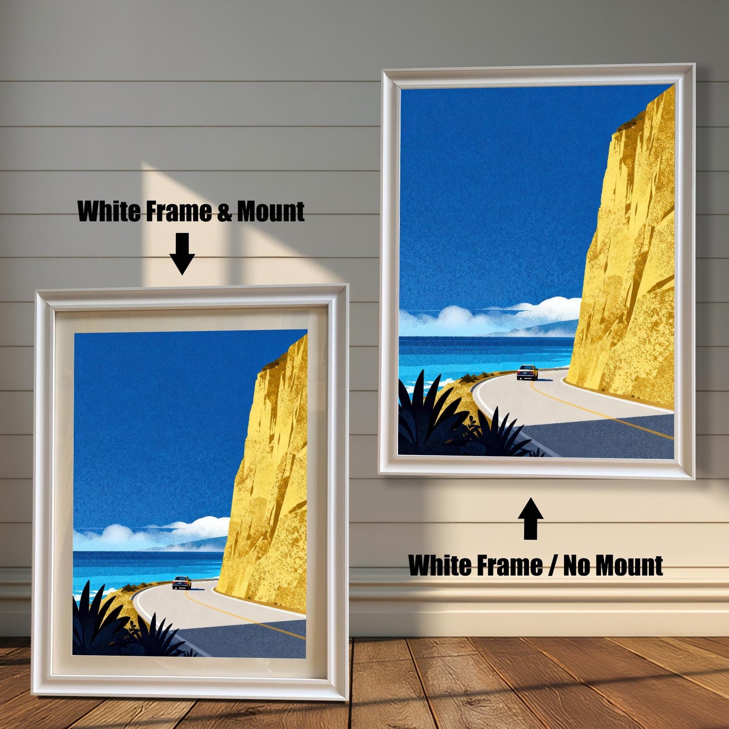 Comparison of two white wood-framed prints: one with a cream mat board (mount) and one without a mount, featuring the bright coastal landscape.