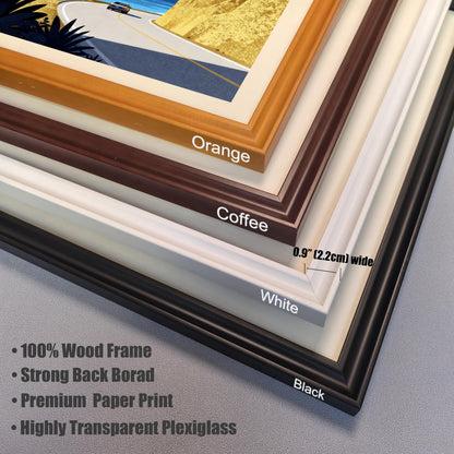 A stacked close-up of the four available wood frame colors: Orange, Coffee, White, and Black, with a label indicating a 0.9-inch (2.2cm) frame width.