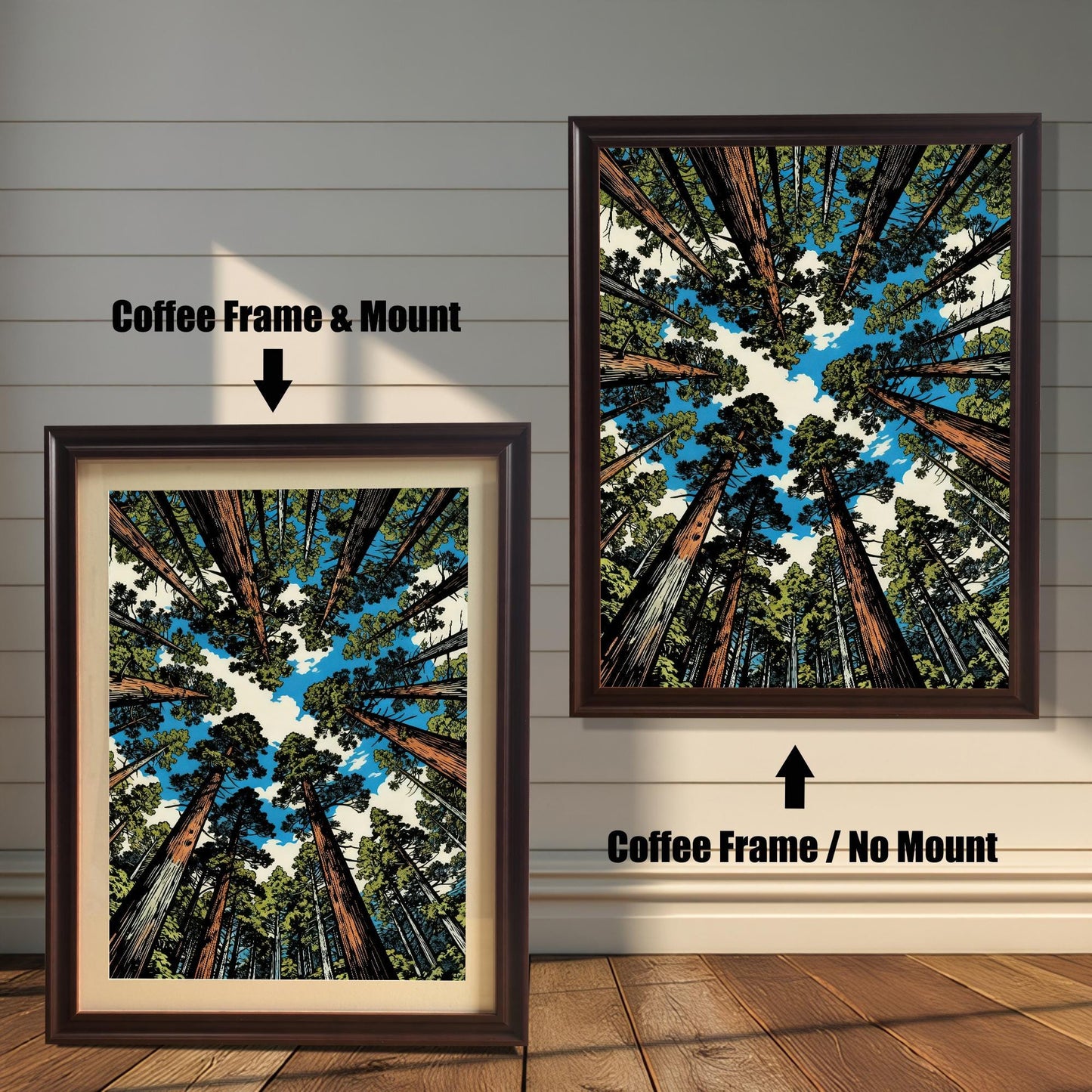 Coffee brown wood framed nature print displayed with and without a white mat board to show interior design versatility.