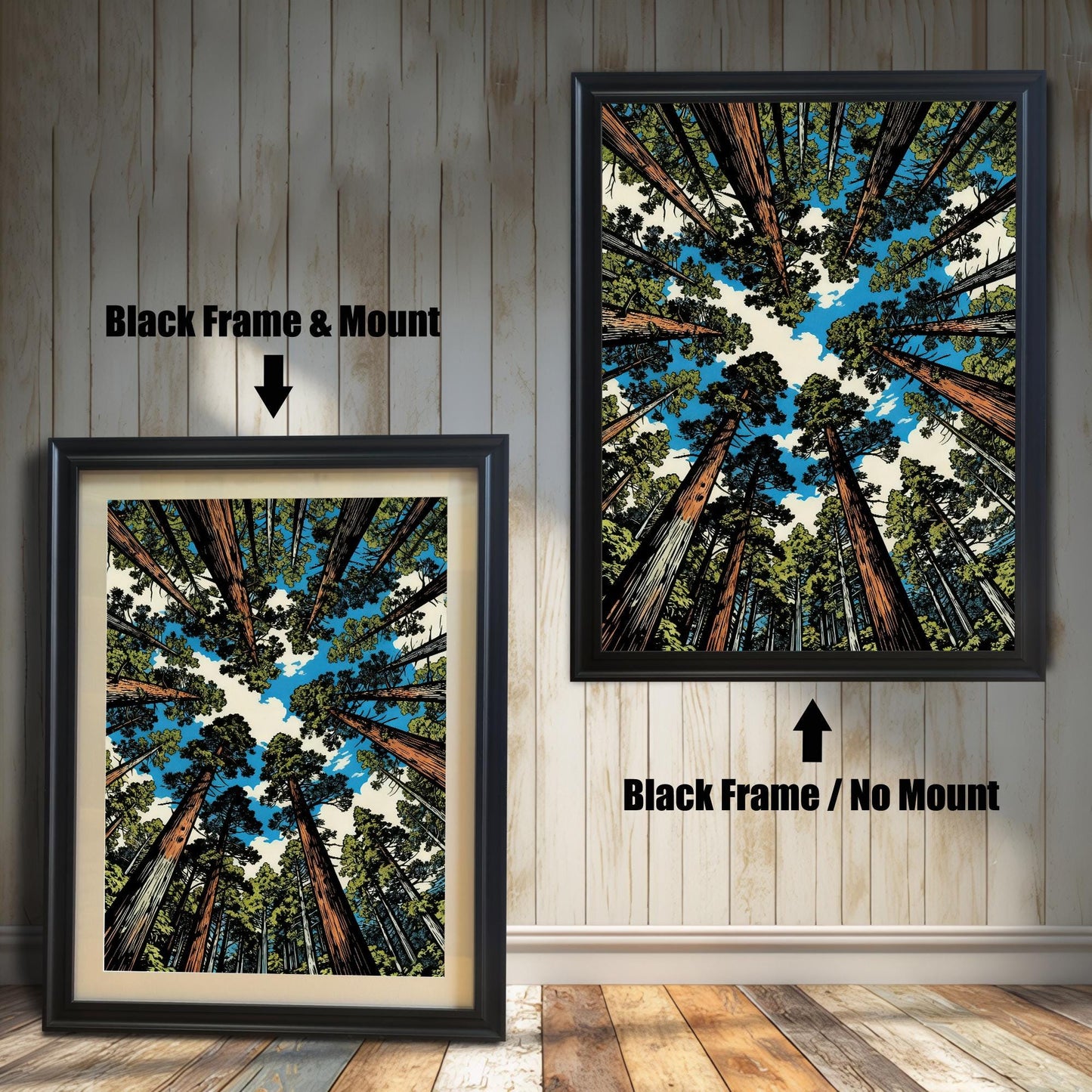 Comparison of a black wood frame with and without a white mount, showcasing the sequoia tree art print in two different styling options.