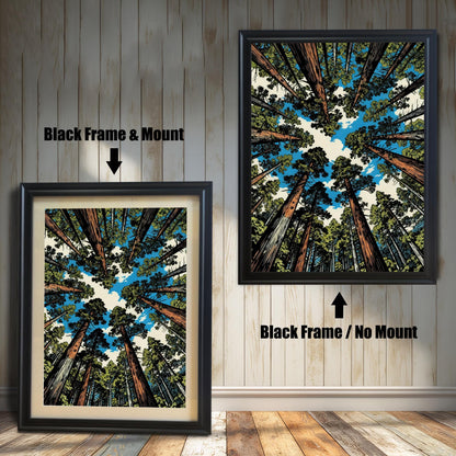 Comparison of a black wood frame with and without a white mount, showcasing the sequoia tree art print in two different styling options.